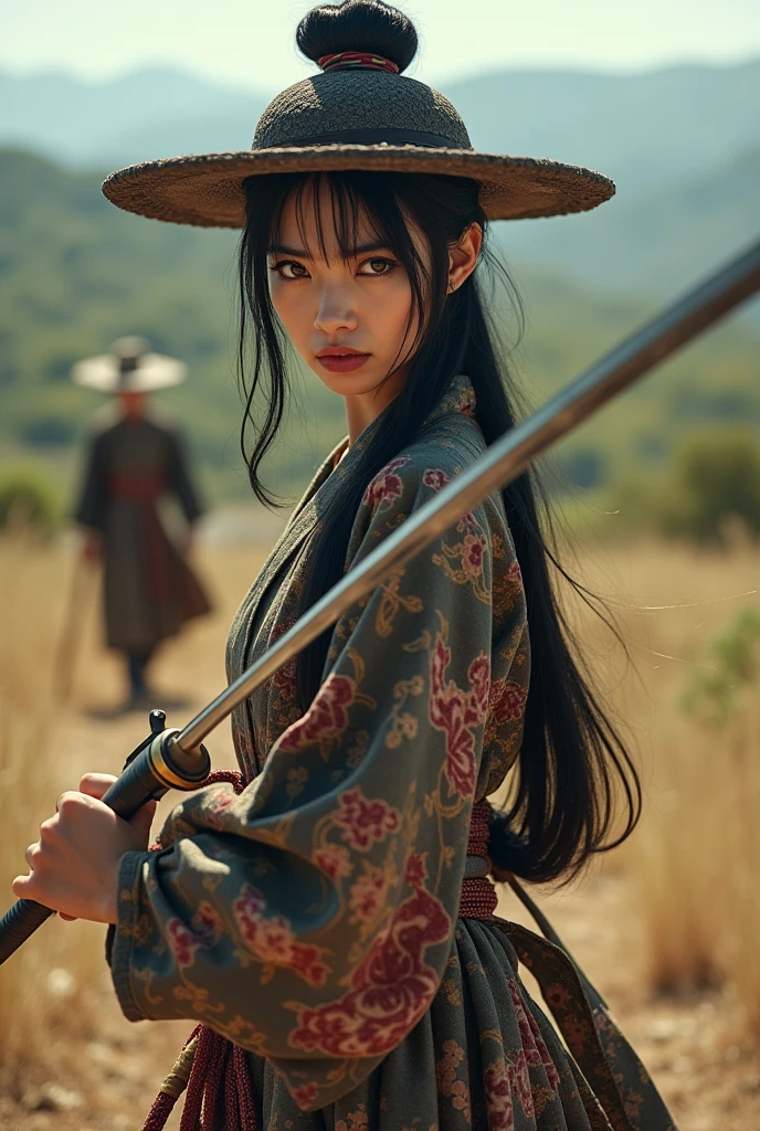 black hair, hair bobbles, wince, longeyelashes,drop shadow, 8k, super detail, best quality, Seven Samurai, kimono, Straw sandals, Tatekatana Break Seven Sheriffs, Cowboy hat, Pistol, wilderness, Showdown, screen2Split