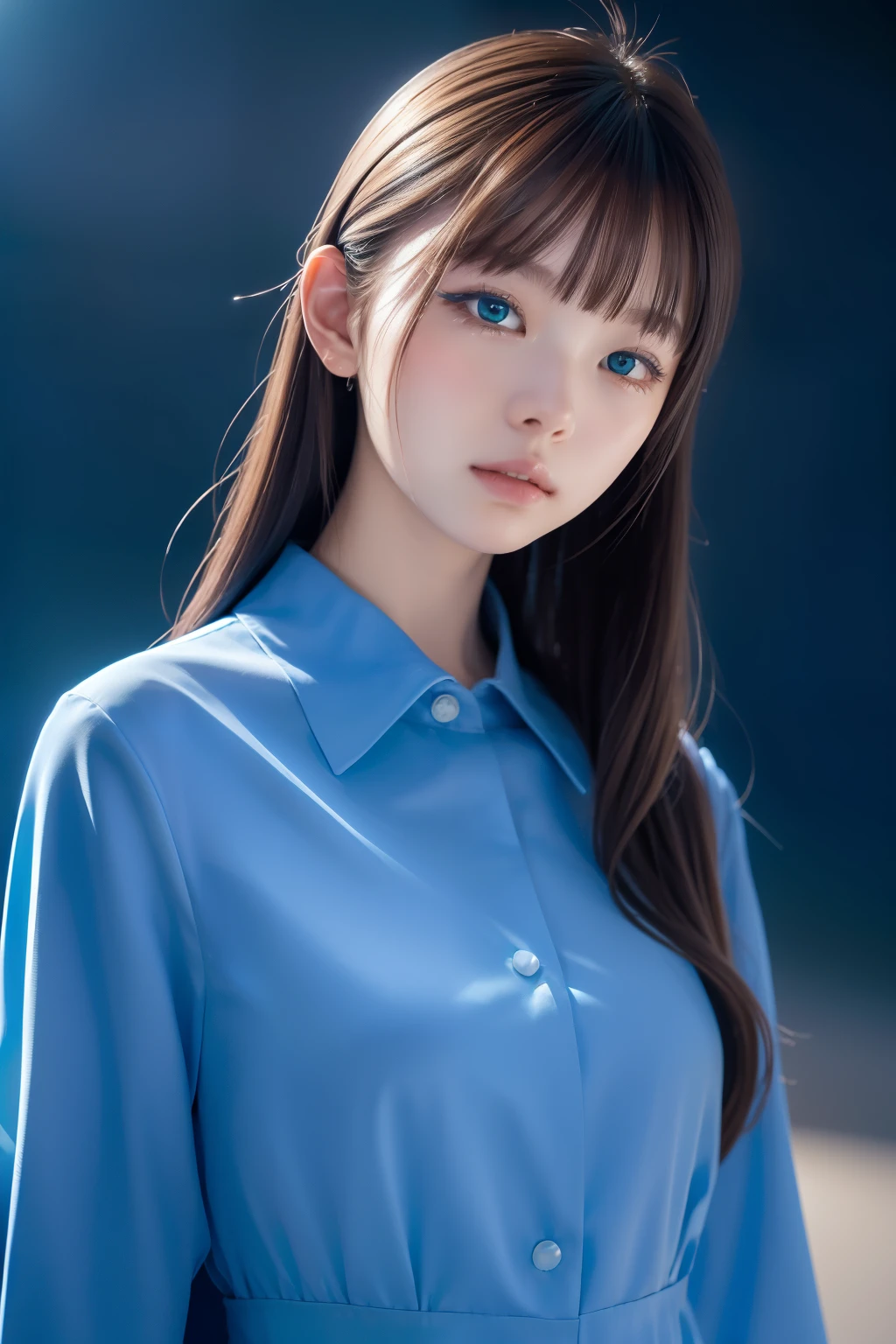 (((horizon blue world:1.3)))、Best Quality, masutepiece, High resolution, (((1girl in))), sixteen years old,(((eye horizon blue:1.3)))、horizon blue dress、((horizon blue shirt:1.3、horizon blue color block dress)), Tindall Effect, Realistic, Shadow Studio,Ultramarine Lighting, dual-tone lighting, (High Detail Skins: 1.2)、Pale colored lighting、Dark lighting、 Digital SLR, Photo, High resolution, 4K, 8K, Background blur,Fade out beautifully、horizon blue world