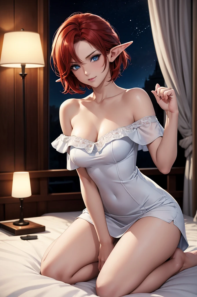 Masterpiece, best quality, high resolution, ultra detailed, slight smile, female elf, short red hair, light blue eyes, a beautiful girl looking at the camera, Frontal view, ((off-the-shoulder white mini dress,)) bare legs, night, warm interior bedroom, image illuminated by a small lamp, depth of field, (half body: 0.6), kneeling on bed