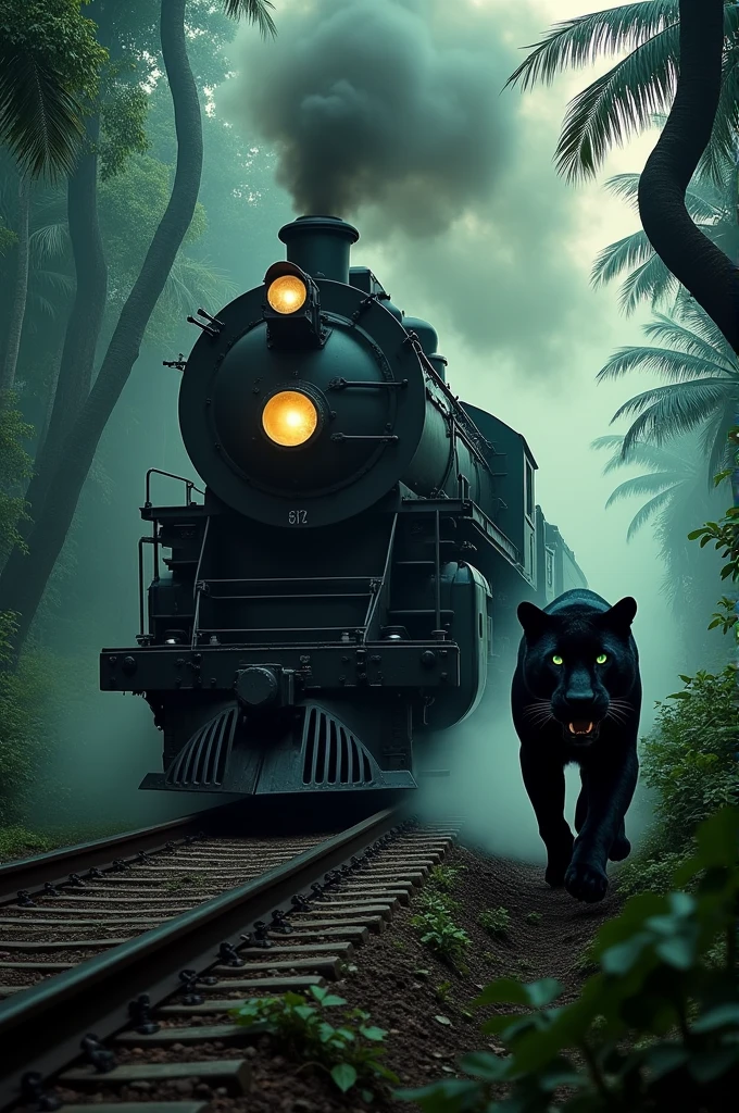 A big bd train hunted by a big black hunted cat