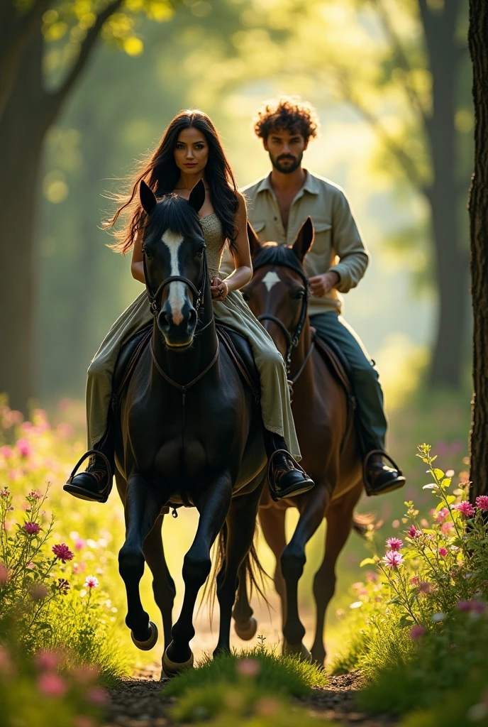 A dark-haired nymph with straight black hair with a dark-haired man with curly hair riding horses in the forest, they are both very handsome