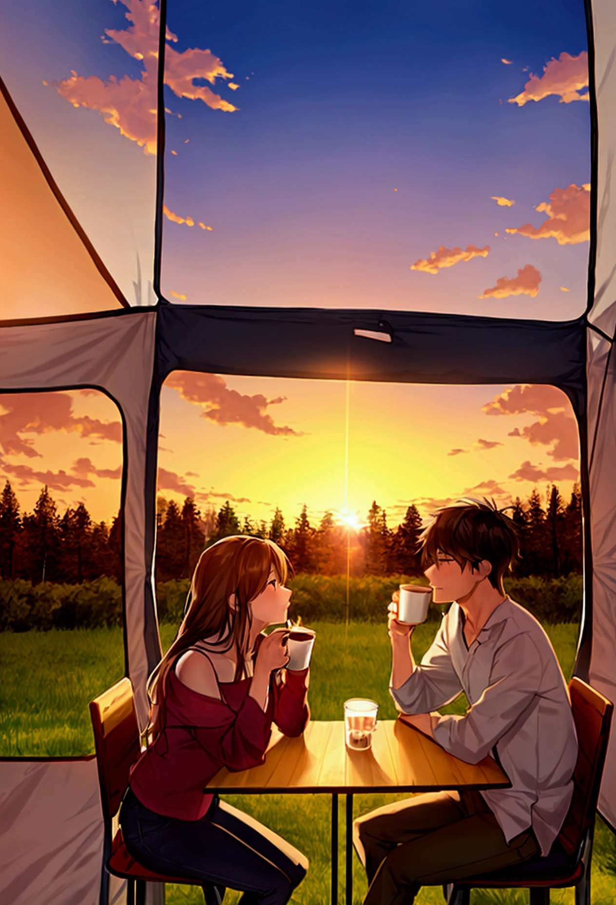 beautiful sunset, lover couples drinking coffee in chair facing the sun, BREAK (masterpiece, best quality:1.2), outdoors, nature, forest, pines, grass, tall grass, detailed grass, plants, day, clouds, caravan, dog, tent, coffee