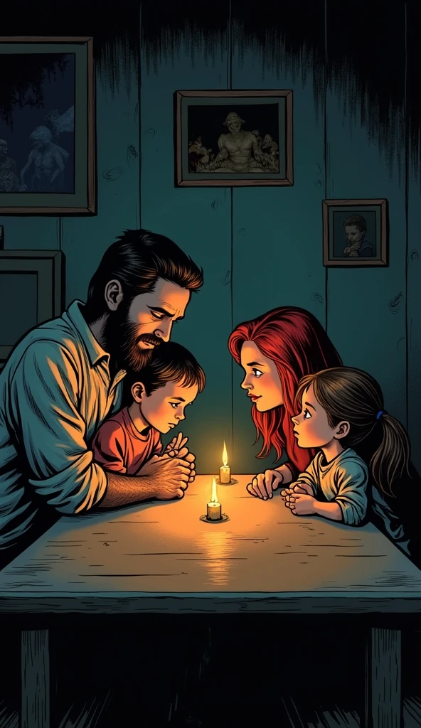 Make me a picture of a family of 4 people, that they are at a long table and that they are praying, that it is comic style and that it is dark