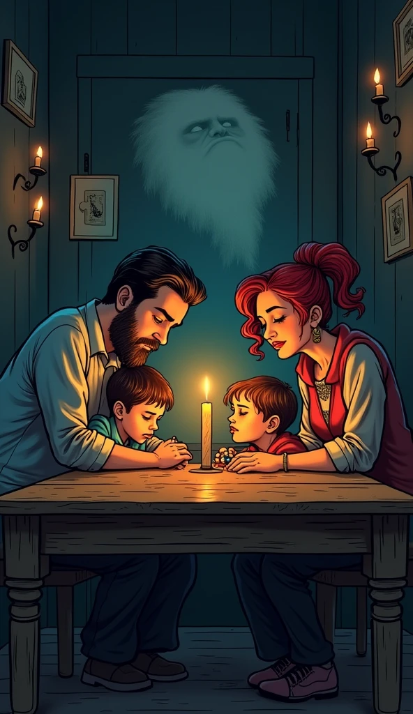 Make me a picture of a family of 4 people, that they are at a long table and that they are praying, that it is comic style and that it is dark
