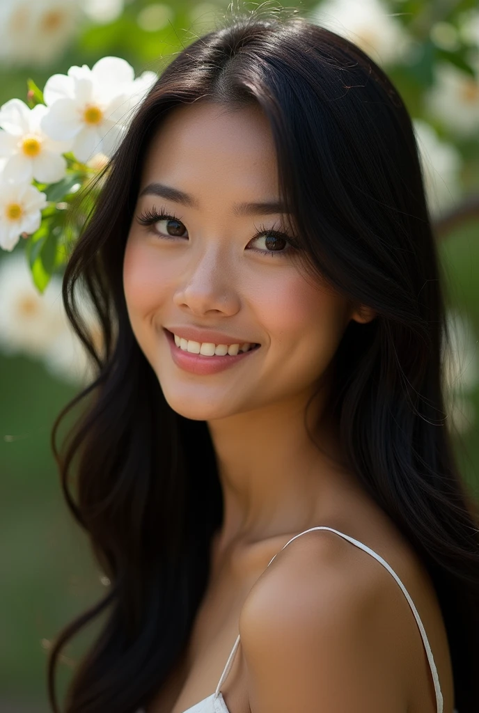 woman with long black hair, dark skin beautiful eyebrows chinese eyes, eyelashes without blush straight hair stretched eyes, 
smile
