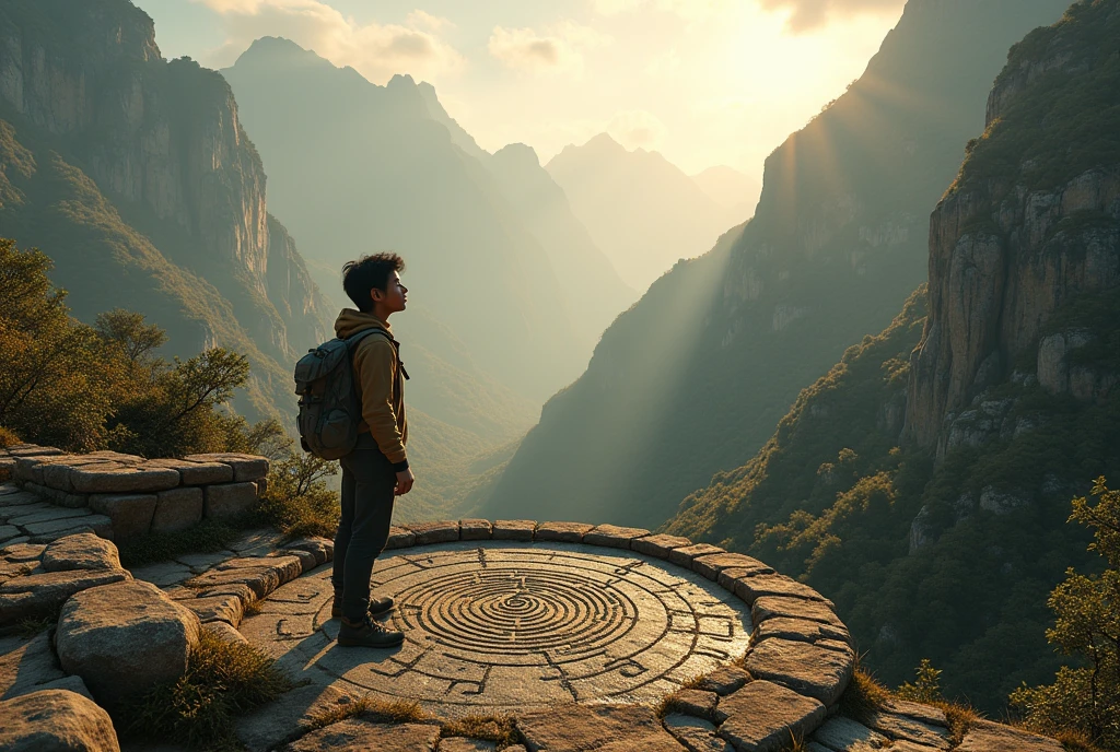 "Create an image of Aditya discovering ancient symbols and stone structures on the mountain's surface. Include mysterious markings and ruins that hint at a lost civilization."