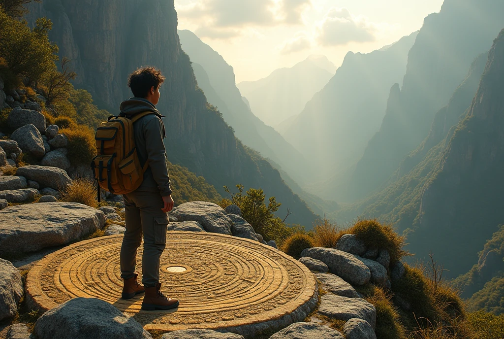 "Create an image of Aditya discovering ancient symbols and stone structures on the mountain's surface. Include mysterious markings and ruins that hint at a lost civilization."