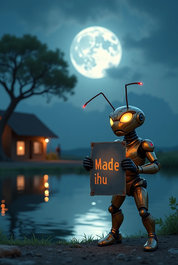 An ant which is wearing an ironman suit. Ant showing a poster. “Made by ihu” is written in the poster. The atmosphere if the ant is night. Moon in the sky, a small hut, a pond and a tree beside the pond .