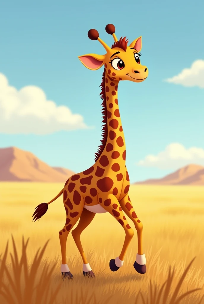4. Gina the Giraffe (small giraffe):
- Small and thin, with brown skin and white spots.
- Big and curious eyes, with a sweet expression.
- It has a long neck and long legs.
- It is fast and agile, and he loves to run through the savannah.
- She is the fastest of the group and always comes first..