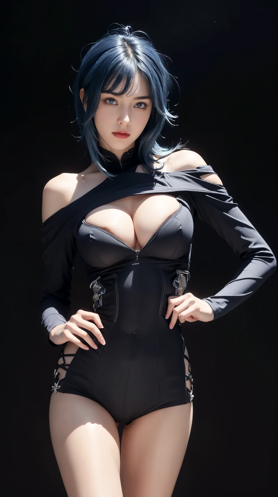 8K, Top Quality, Intricate Details, Ultra Detail, Ultra High Resolution, Masterpiece, (, portrait), ((close up shot, face shot, close up shot, portrait, face shot, passport shot, very close up shot, )), (full body: 1.1), Slender, Smile, (Makeup: 0.4), ((sexy pose,)), (Fluffy blue Eyes: 1.21), (()), 1girl, solo, 1 girl, ((bangs, blue hair, bangs, , bangs )), close up shot, , ((tall)), (((fit body))), (((slim face))), sharp face, ((, wind blow hair, )),skin tight suits, ((,bare shoulder, skin tight suits,) ,skin tight suits, (detailed face), sharp face, small lips, perfect hands, ((walking pose, walk pose)) , ((,walk pose, walking pose ,)), , ((cleavage, ,)),, detailed face, detailed breast,, huge breast , (()), detail ass, Narrow Waist, Skinny, tall , 175 cm tall, Muscular, Navel, Exposed Abdomen, Pointed Chest,, Beautiful girl with accentuated slender abs: 1.4, Six Pack Abs: 1.4, Bust Botox, Big, Perfect Body, detail leg, (( dark background)), black background,