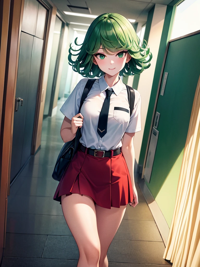 (high res, 8K, masterpiece, looking at viewer, best quality, very aesthetic, ultra detailed, ultra background, ultra Eyes) intricate details, 1girl, Tatsumaki, Chibi, Selfies, Green Short Hair, Green Eyes, Tatsumaki name tag on left chest, short sleeved white shirt, Smile Face, pocket on left chest, wearing a red tie, red short skirt, wear a belt, wearing a school bag, walking in the school hallway, Background school hallway, School, Cinematic Angle