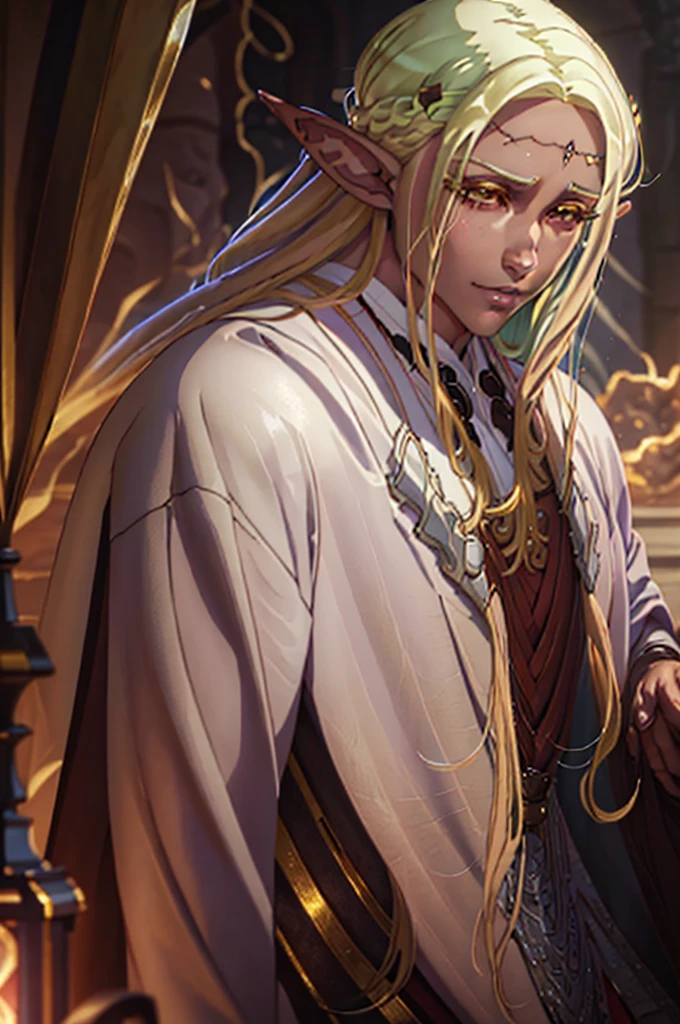 A handsome elf-drow man, blonde with long semi-wavy hair, dark skin, captivating golden eyes, wearing fine white clothes with gold accents, DnD fantasy style, cinematic lighting, intricate details, highly detailed, photorealistic, 8k, best quality, masterpiece
