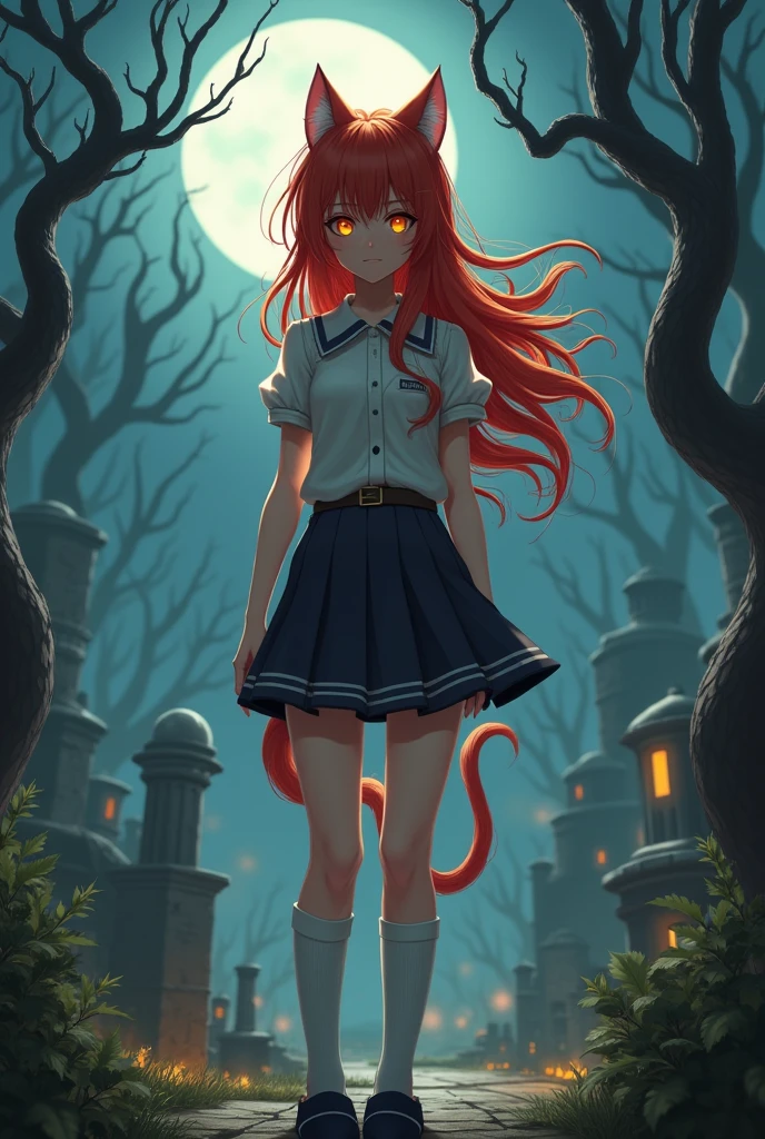 Lyra Appearance:
hair: Red and long.
eyes: Felines, often covered or shaded by their hair.
Beast Features: Retractable claws and fangs.
CLOTHES (Human faction): mini skirt, white short sleeve button down shirt, socks and slippers, Schoolgirl style with touches of dressed girl.
Alternates between primitive nature and civilized behavior Soulslike video game style l