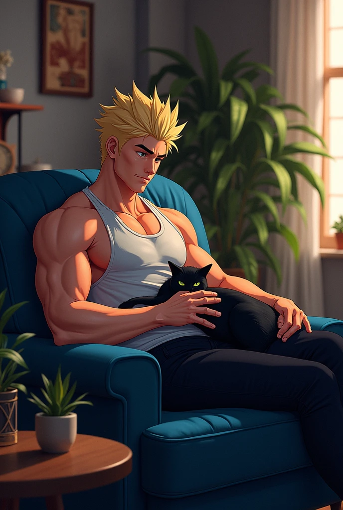 Adult Katsuki bakugo sitting on a dark blue couch with a black cat on his lap petting it