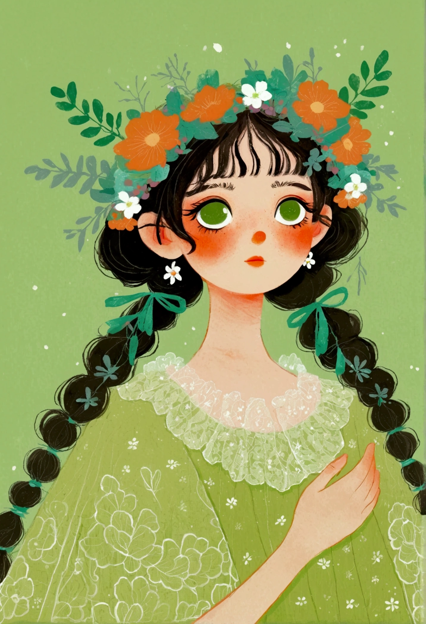 A girl in a green lace dress and a wreath on her head,big eyes,Lovely art style, Lo-Fi Girl, Tranquility illustration, Flower Goddess, Illustration line art style, Digital illustration style