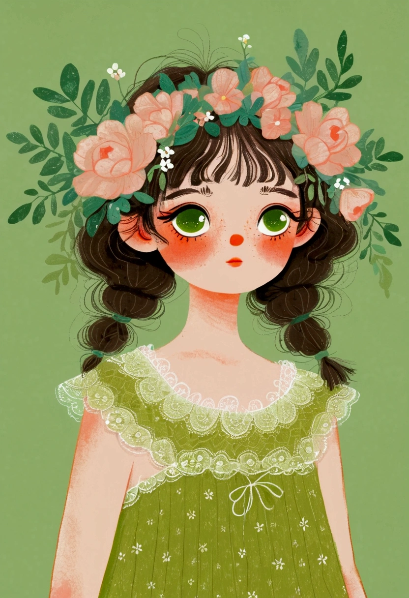 A girl in a green lace dress and a wreath on her head,big eyes,Lovely art style, Lo-Fi Girl, Tranquility illustration, Flower Goddess, Illustration line art style, Digital illustration style