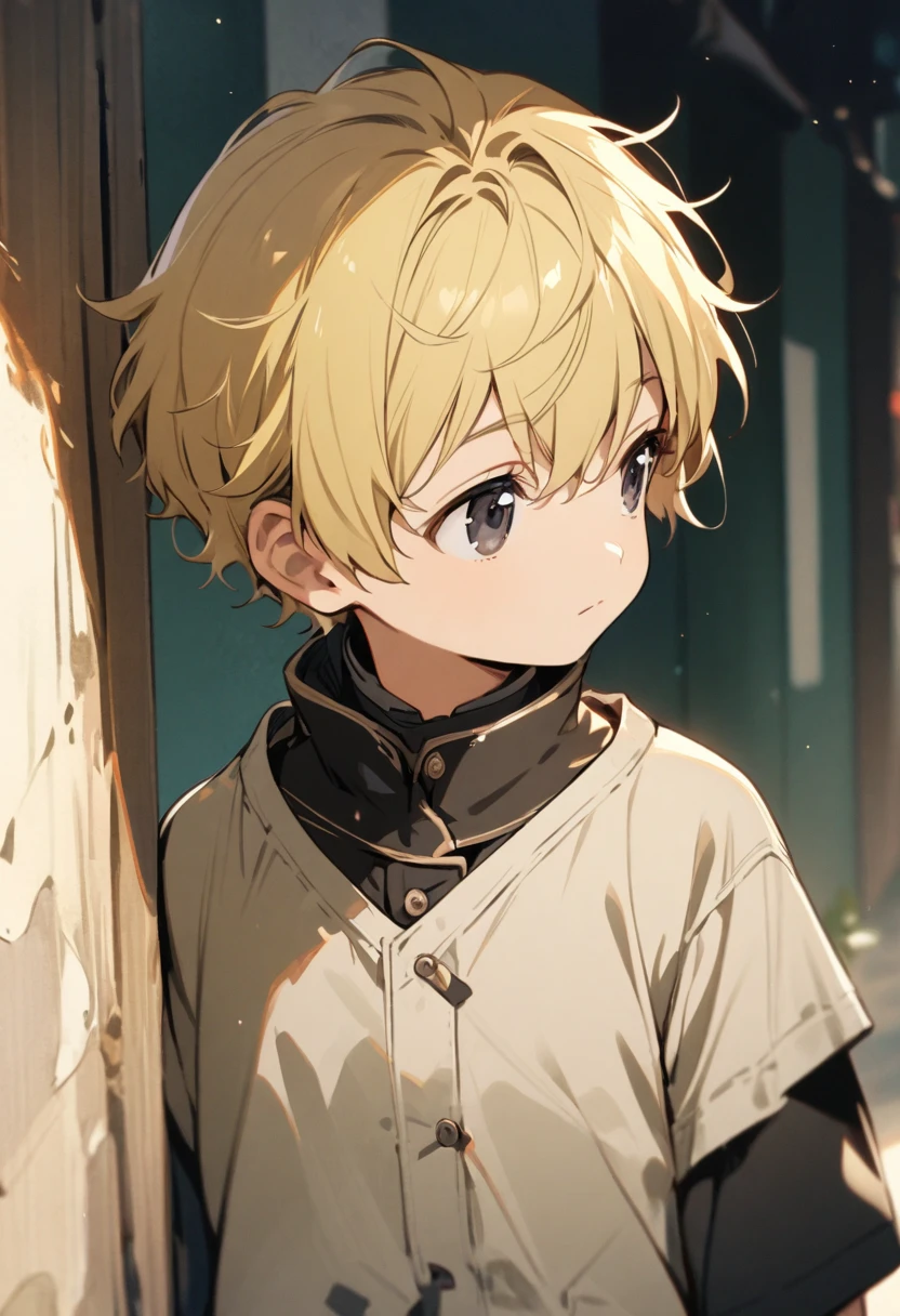 boy, small boy, blond hair, short hair, black eyes, cute, gazing into the distance