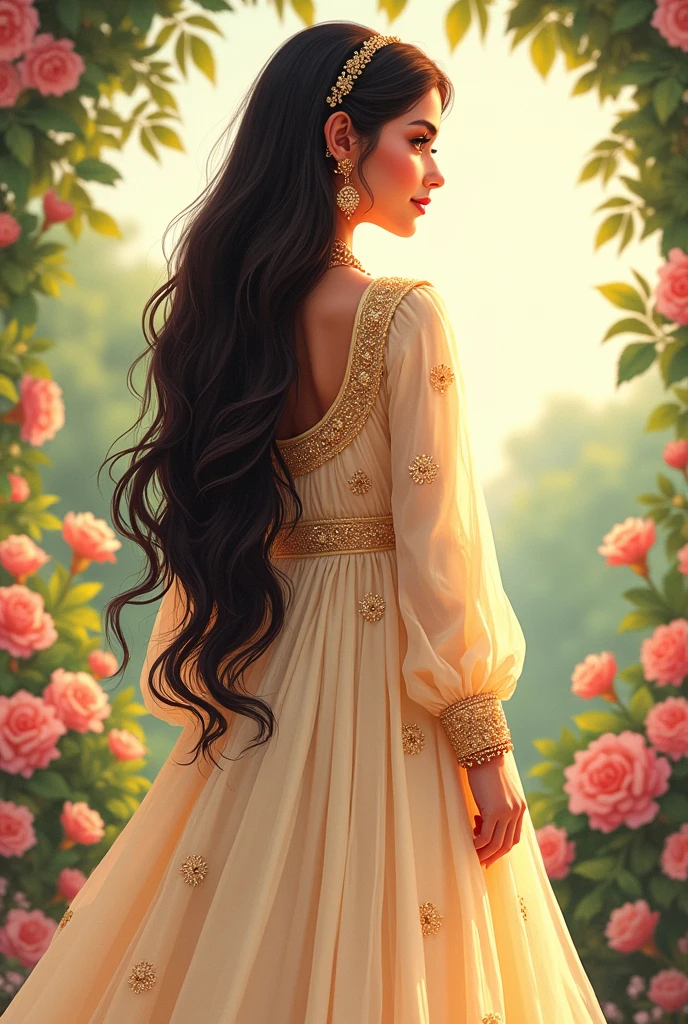 Full cartoonic Illustration of a Pakistani nikkah bride in golden an white outift in open hairs

Illustration from back side pose