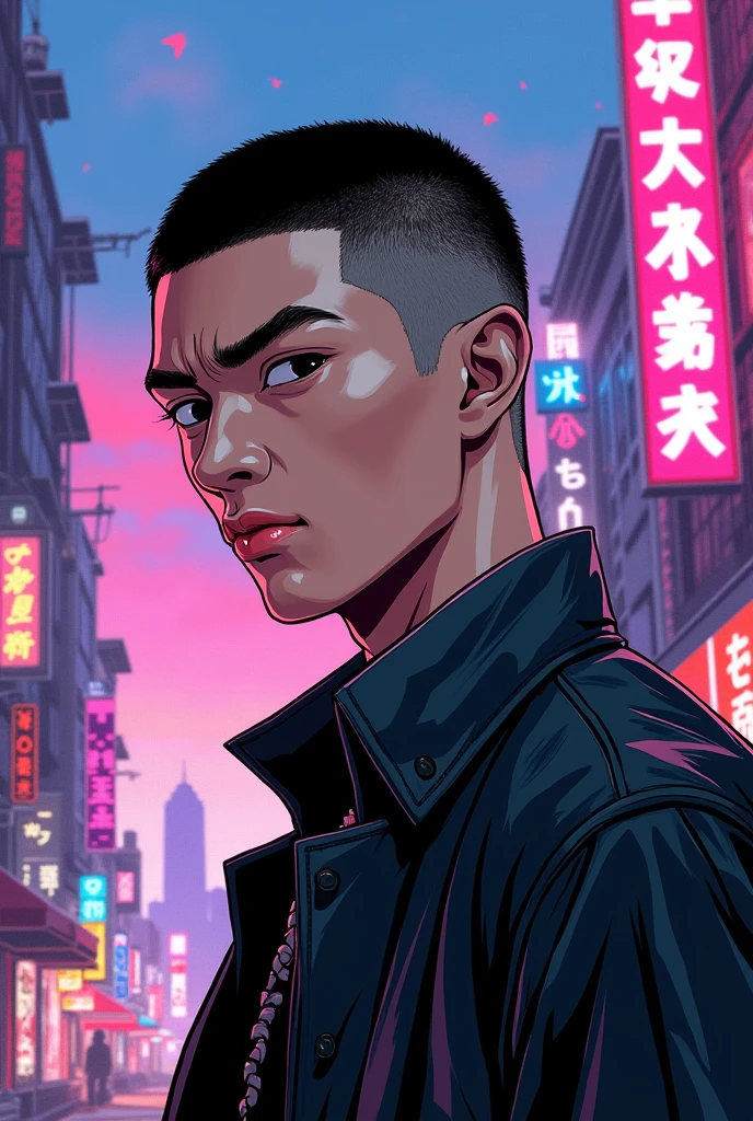 A Young Japanese Guy/Slightly Narrowed Black Eyes/Black Buzzcut hair/High Cheekbones, Hollow Cheeks/Slim Build/5'11/Angular Face/Light Skin Tone In a manhwa style
