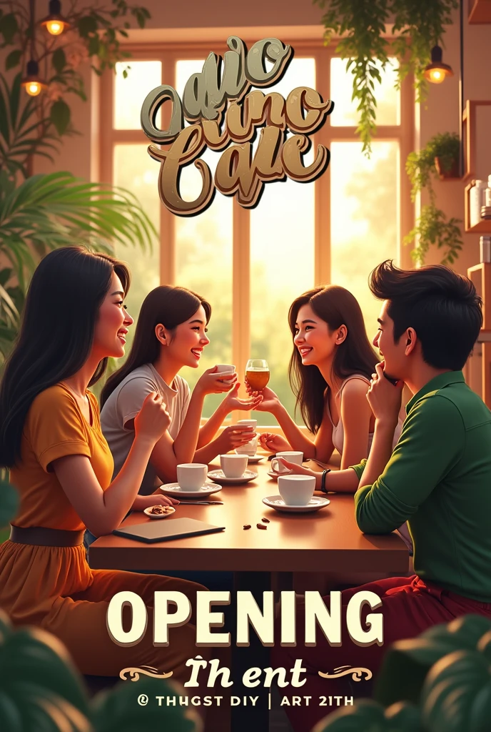 Create hd poster for Te amo Cafe grand opening on August 21th with cuppuccino drinking people background
