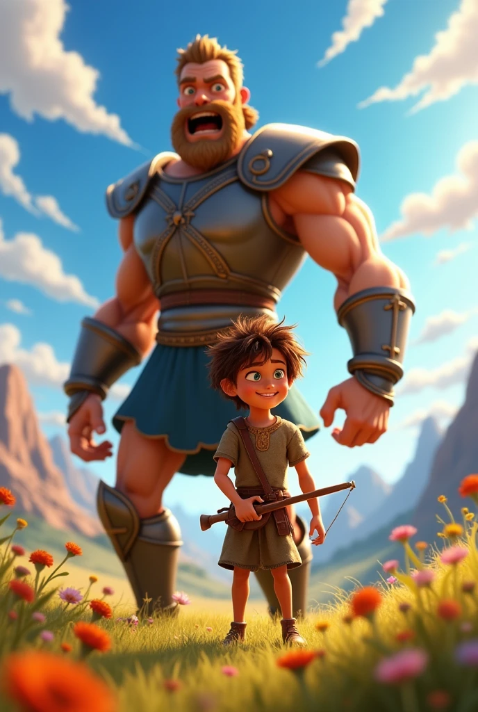 create an image that represents david and goliath from the bible in disney pixar format
