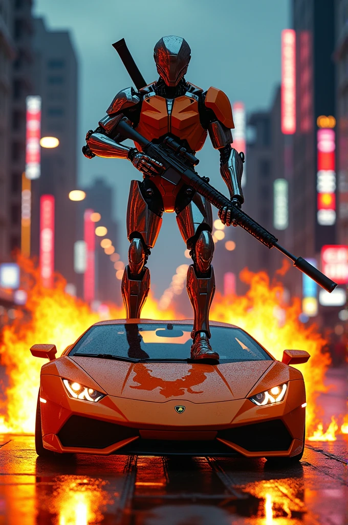 Half robot half human standing on blazing lamboghini with a. M3.16 sniper