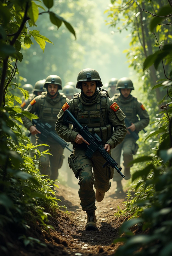 PERUVIAN ARMY OF 20 SOLDIERS RUNNING IN THE JUNGLE