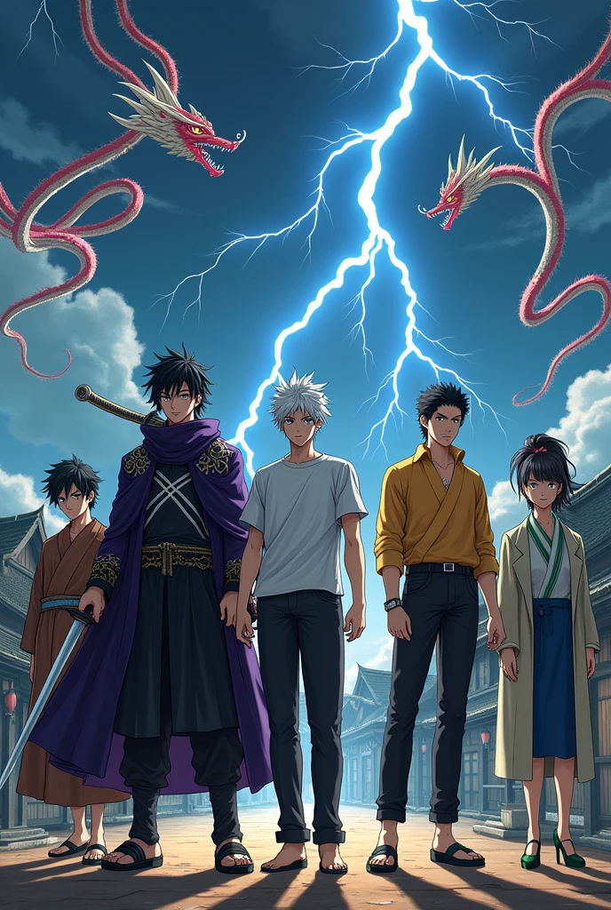 1 Japanese man,Age 20,black hair,Akatsuki Cloak,Ring Eye,1 Japanese man,Age 30,white hair,Eye Ring,Purple coat,snake,1 Japanese man,Age 25,black hair,Black short sleeve shirt with X shape,Black long-sleeved shirt inside the chest,black pants,black shoes,1 Japanese man,Age 25,green hair,Three swords,White short-sleeved shirt with green collar,Green pants,Green shoes,1 Japanese man,Age 25,Ninja costume,1 Japanese man,Age 25,Brown long sleeve shirt,brown pants,black shoes,1 Japanese woman,Age 20,long hair,yellow long sleeve shirt,Doctor's coat,blue short skirt,Black high heels,The back is a dragon.,lightning,village