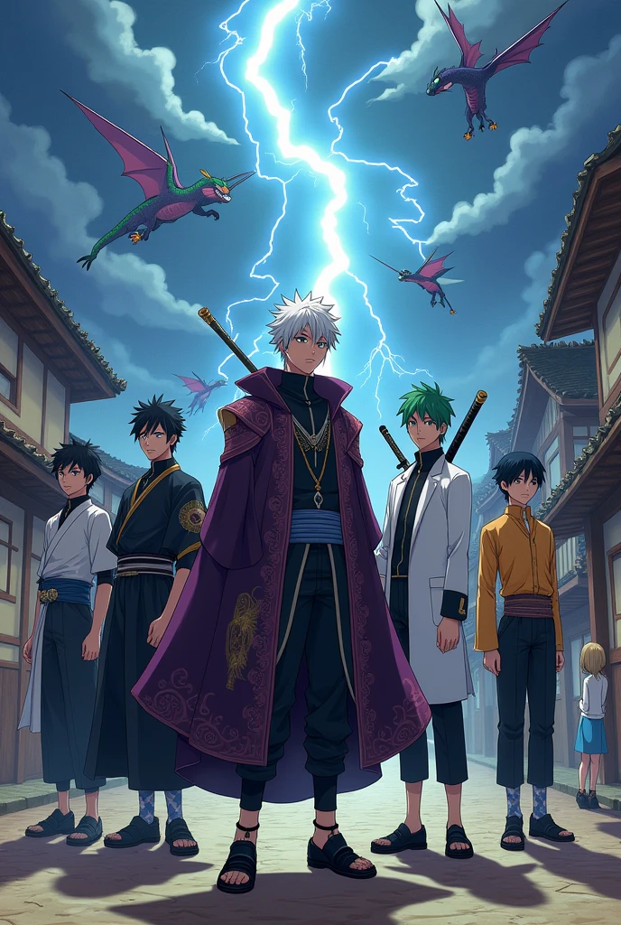 1 Japanese man,Age 20,black hair,Akatsuki Cloak,Ring Eye,1 Japanese man,Age 30,white hair,Eye Ring,Purple coat,snake,1 Japanese man,Age 25,black hair,Black short sleeve shirt with X shape,Black long-sleeved shirt inside the chest,black pants,black shoes,1 Japanese man,Age 25,green hair,Three swords,White short-sleeved shirt with green collar,Green pants,Green shoes,1 Japanese man,Age 25,Ninja costume,1 Japanese man,Age 25,Brown long sleeve shirt,brown pants,black shoes,1 Japanese woman,Age 20,long hair,yellow long sleeve shirt,Doctor&#39;s coat,blue short skirt,Black high heels,The back is a dragon.,lightning,village