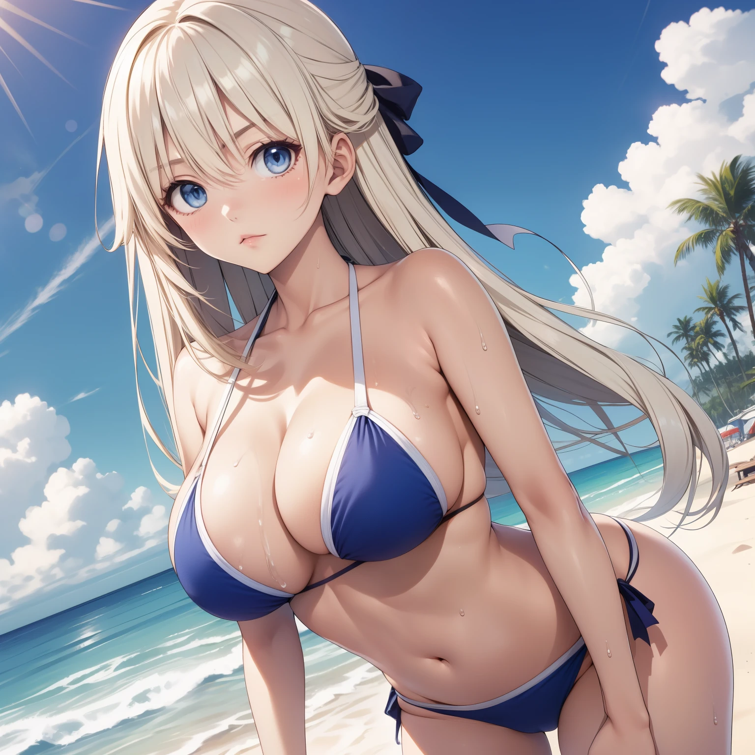 Tsubasa Nanase, Woman 25 years old, straight light blonde hair , blue eyes, Pale skin, big breasts, panther design bikini, background a beach. wet body