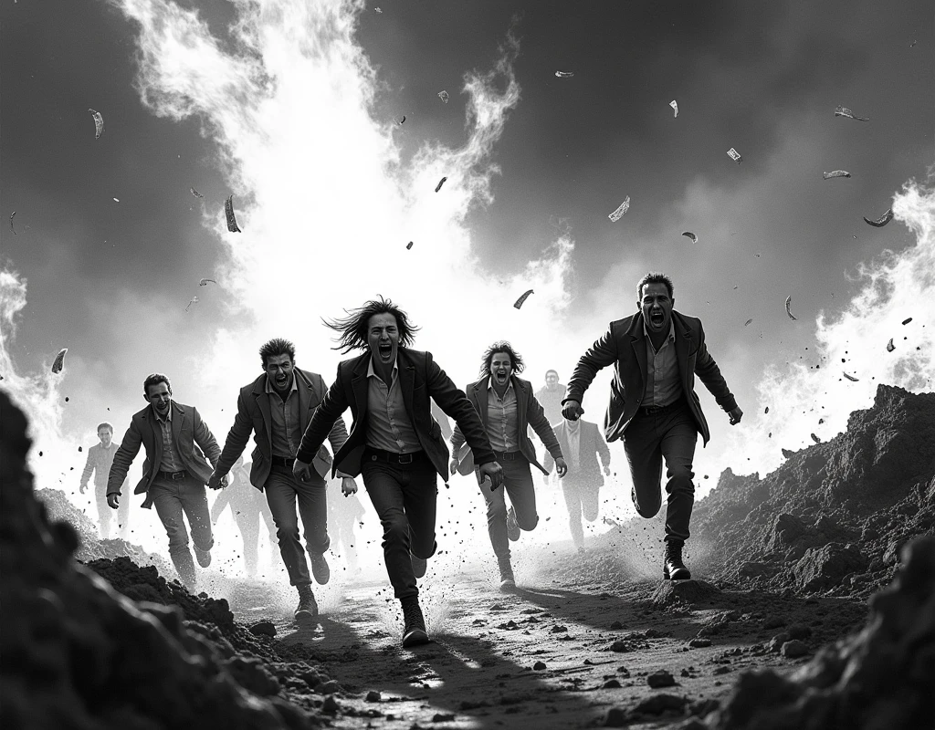 People screaming in terror, due to the effects of napalm. In the scene you can see people running and screaming, explosions, fire. Images in black and white. The style of the image must be comic noir type.