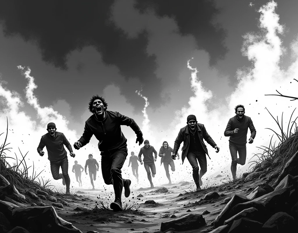 People screaming in terror, due to the effects of napalm. In the scene you can see people running and screaming, explosions, fire. Images in black and white. The style of the image must be comic noir type.