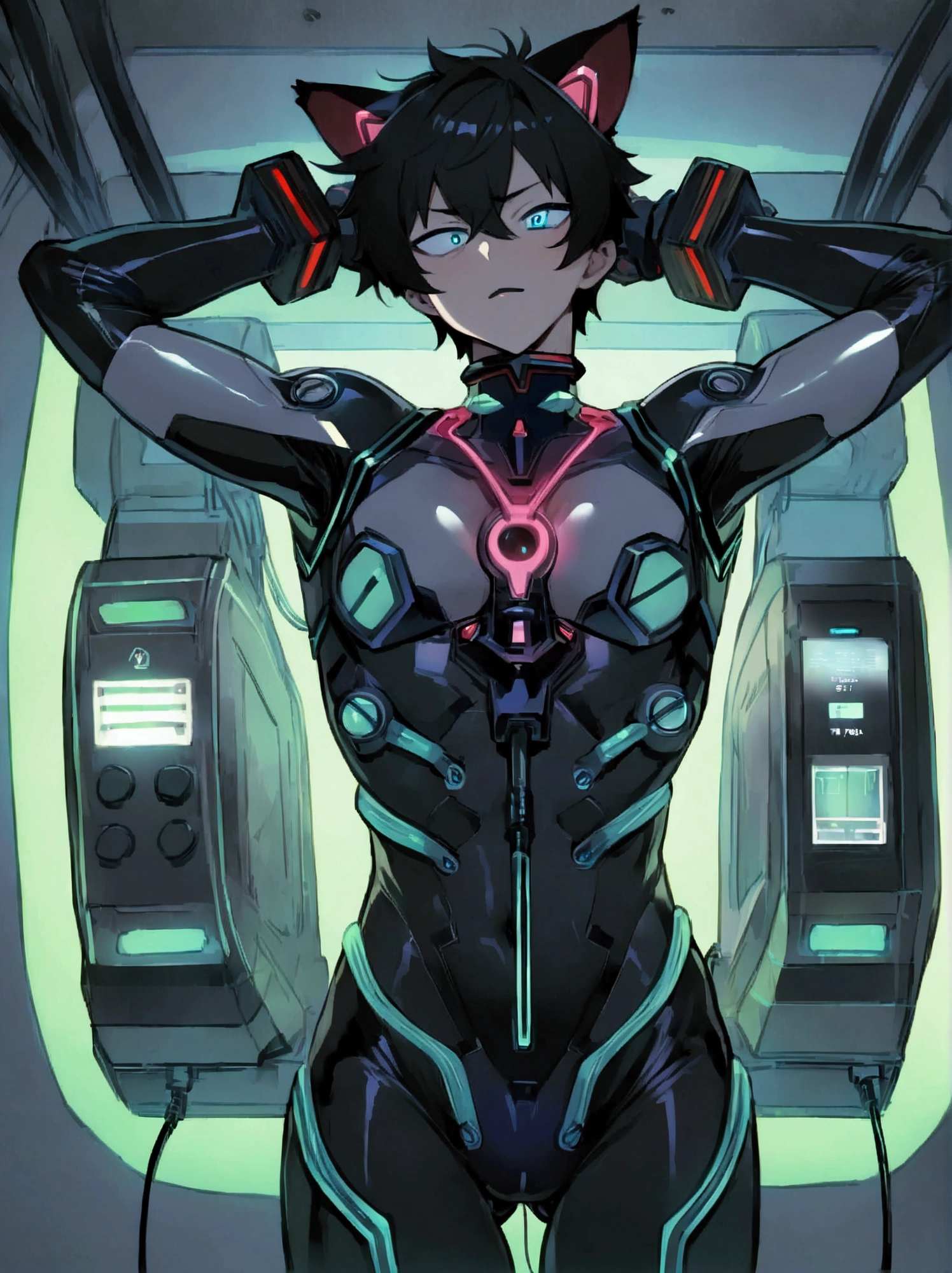 (masterpiece, best quality:1.3) (nsfw8) (((1boy))), (((anime boy))), 20 years old, muscular body, black hair, black latex plugsuit, black latex, skintight no zipper neck entry black latex plugsuit, fullbody black latex plugsuit, , cat ears, cyborg eyes, latex, cyberpunk, round cyberpunk chamber, (thick cables plugged on chest1.5), red lightning, (brainwashing), blank stare, flat crotch, restrained, (heads-up display), wearing black lipstick, (((cables plugged into cat ears3))), (((transformation into robot3))), (((assembly line arms5))), charging port on anus, (((charging cable plugged on anus3))), visible charging, (battery percent level on upper chest), charging station, cables plugged into spine, aquamarine plugsuit lightning,