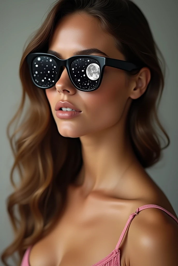 The model is wearing glass sunglasses with stars and the moon on the glass without wearing anything showing their tits to everyone and boobs also visible without bra and bikin girl