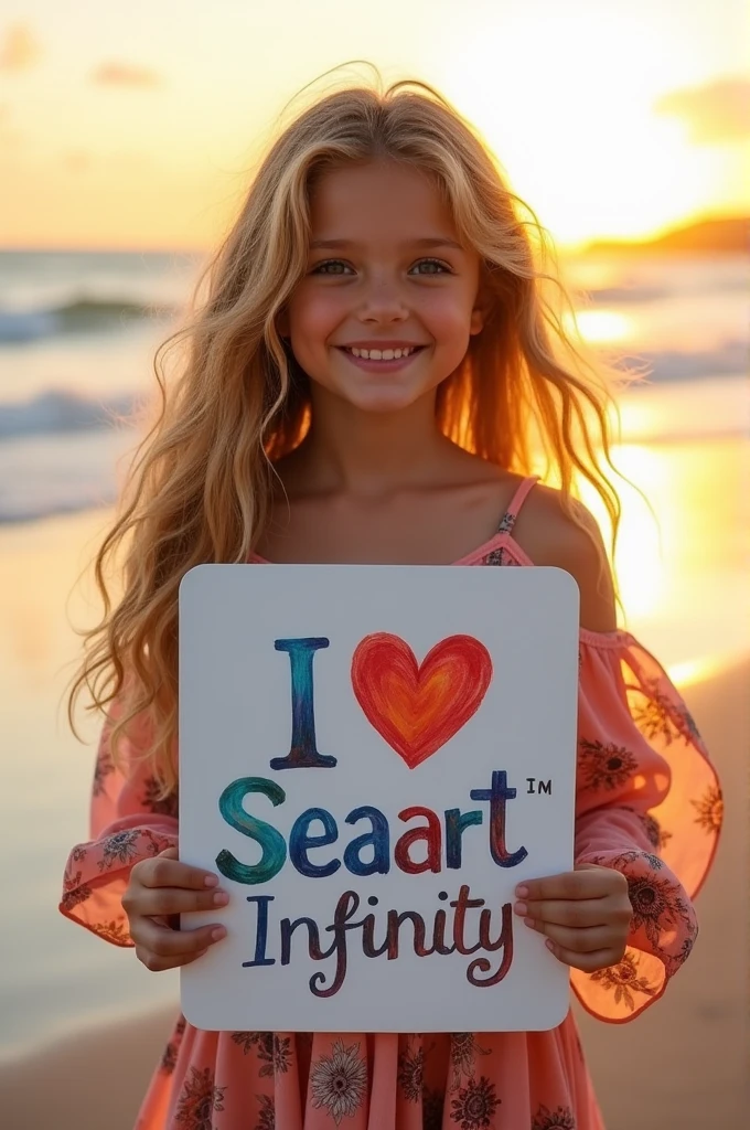 Beautiful girl with wavy long hair, bohemian dress, holding a white board with text "I Love Seaart Infinity" and showing it to the viewer