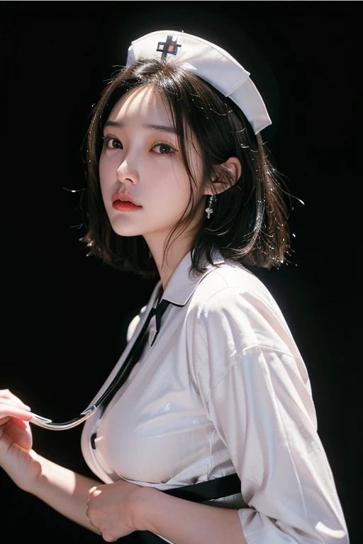 (A 20-year-old Japanese slender beautiful girl), (Small breasts:1.5,)solo, (masterpiece, High resolution, High detail, Highest quality, Very detailed, Ultra high definition), (Textured skin:1.25),(Reality:1.25), ((Ray Tracing,Portrait Photography)), Cinematic light effects,Light from an angle, ((realism)), ((Surrealism)),8k octane, ((Natural Makeup,Diamond earrings)),Aperture value F1.8, (((Black Hair, Shiny Hair, Bob Hair))),(((Nurse uniform,Composition from below,Stethoscope)))