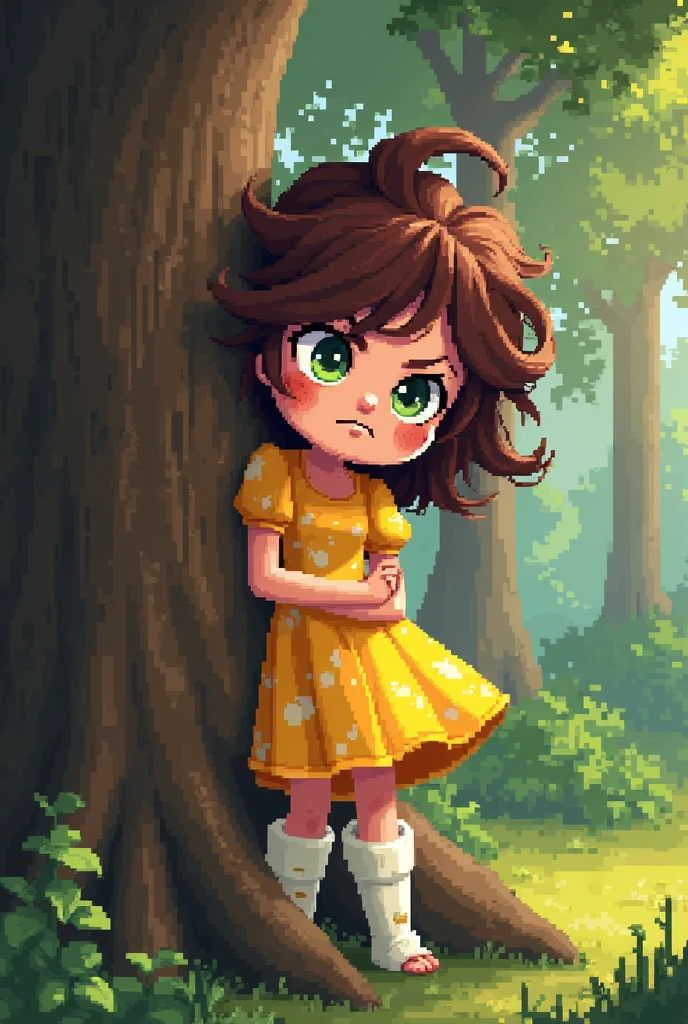 create a pixel art image of a girl () brown hair, yellow dress and white leg warmers: The girl is hiding behind a tree with a board in her hand and a little angry and with dirt MAKE HER AT LEAST 20 YEARS OLD