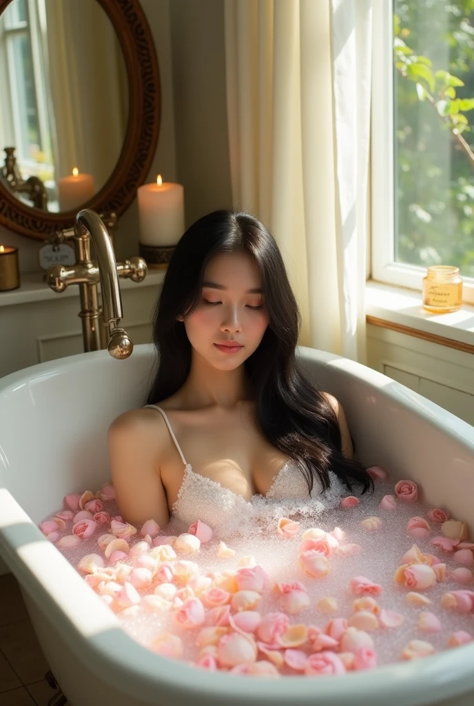 Woman bathing the woman who is an Asian with very feminine features and very small
