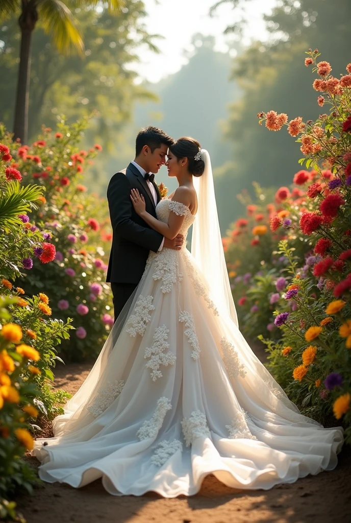 Real pinoy couple wearing wedding gown face here with back ground arounding flowers 