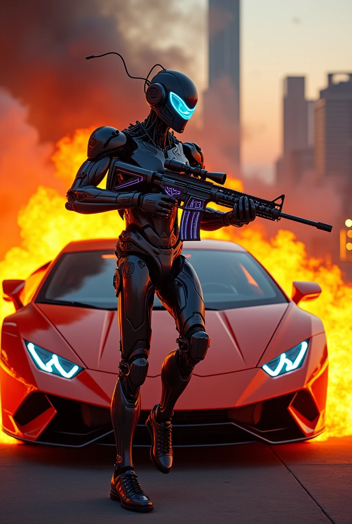 Half robot half human standing on blazing lamboghini with a. M3.16 sniper