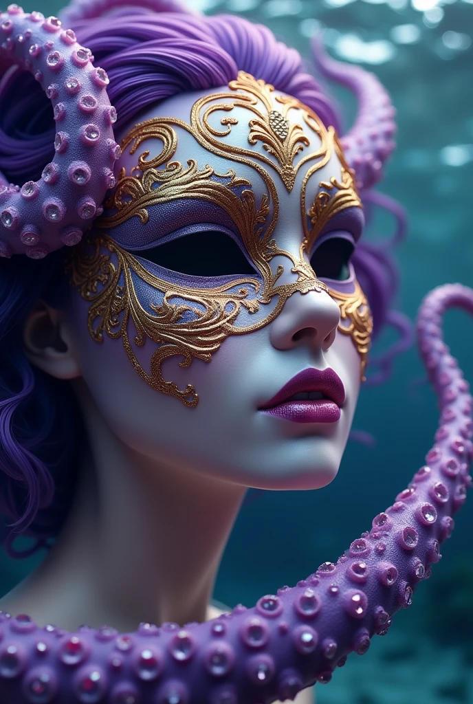 Generate a female mask with lots of arabesques and purple and gold octopus tentacles inside the mask, for a mermaid masquerade ball
