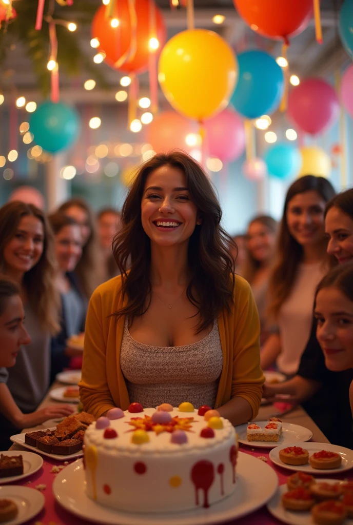 A brunette woman, slim, with medium, wavy hair is at the center of a surprise party organized by her students at USFAR University. The photo shows the teacher in the middle, surrounded by students, with a table of cakes and sweets in front of you. The image is full body and captures all the people and the party decorations..