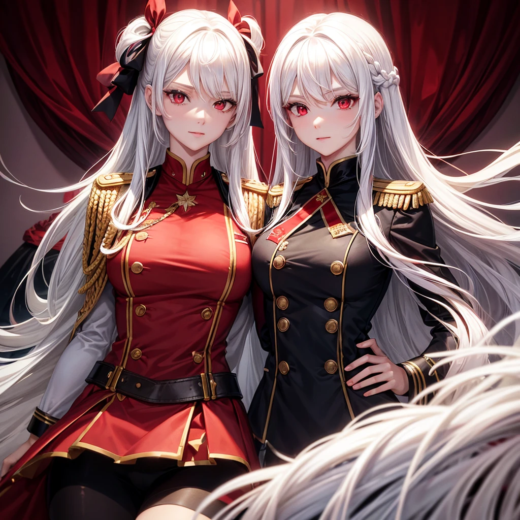 Beautiful lady, White hair, length hair, Breast size, black red uniform with skirt, of the leaders, friendly look, good quality, light background, small rank insignia, V-neck, erotic, red hair ribbon, 4K, red eye,