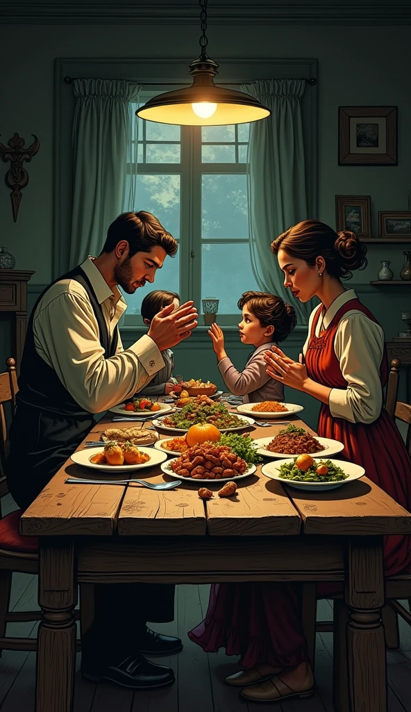 Make me a picture of a family of 4 people in the style of 1936, that they are at a long table and that they are praying over the food, that it is comic style and that it is dark