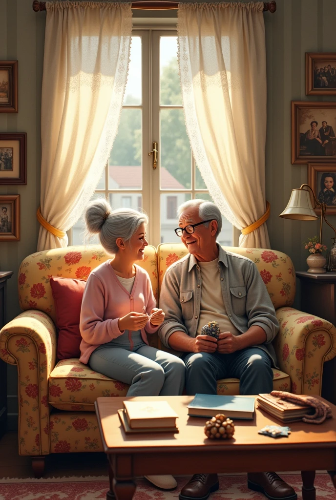 Living room details very grandparents vibes with couch a 2 character sitting on it