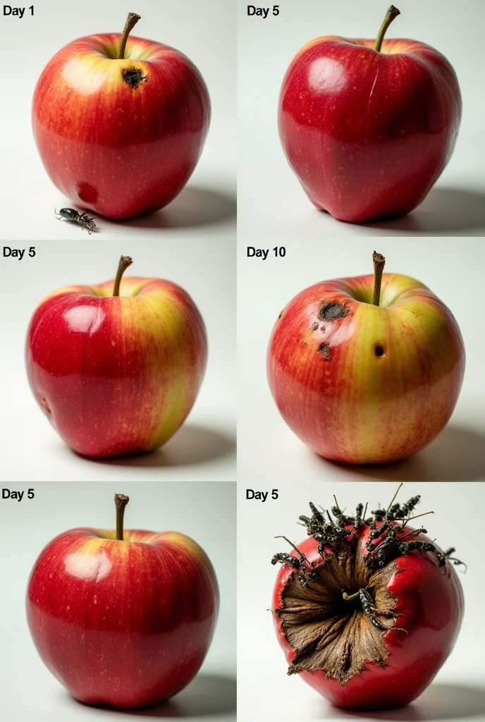 Day 1: Fresh apple, no signs of deterioration (You already have this one).Day 5: First signs of aging, some dark spots, wrinkles and maybe an insect.Day 10: Most damaged apple, wrinkled skin, larger dark spots, and some visible insects.Day 15: Very rotten apple, with multiple insects, concave parts and completely wrinkled and dark skin.