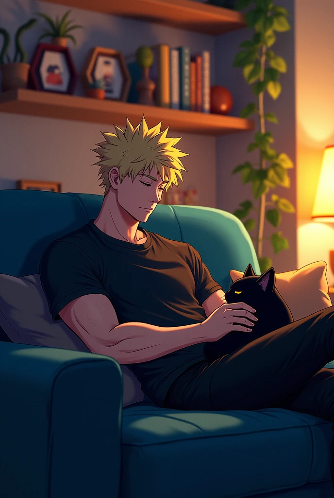 Adult Katsuki bakugo sitting on a dark blue couch with a black cat on his lap petting it