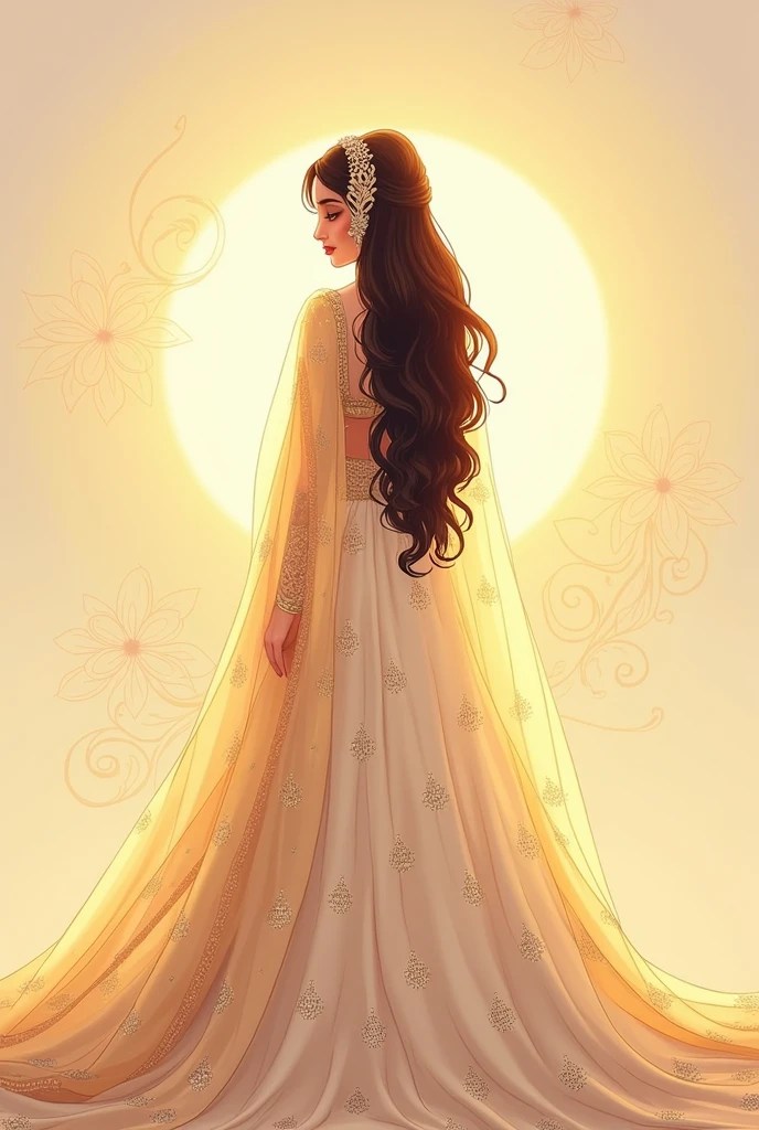 Full cartoonic Illustration of a Pakistani nikkah bride in golden an white outift in open hairs and wearing dupatta over her head

Illustration from back side pose