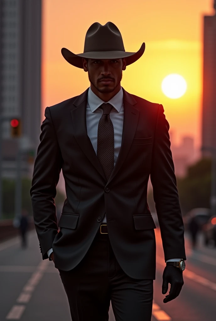 criminologist character with elegant suit and a rancher hat man