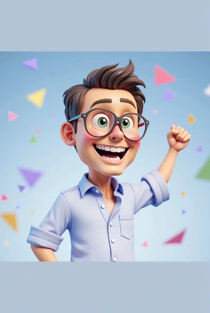 Cartoon character of a man blue shirt, 45 years old adult, an animated character, stylized character, animation style rendering, 3d stylized, One arm is raised above the head, with a clenched fist in a sign of victory.